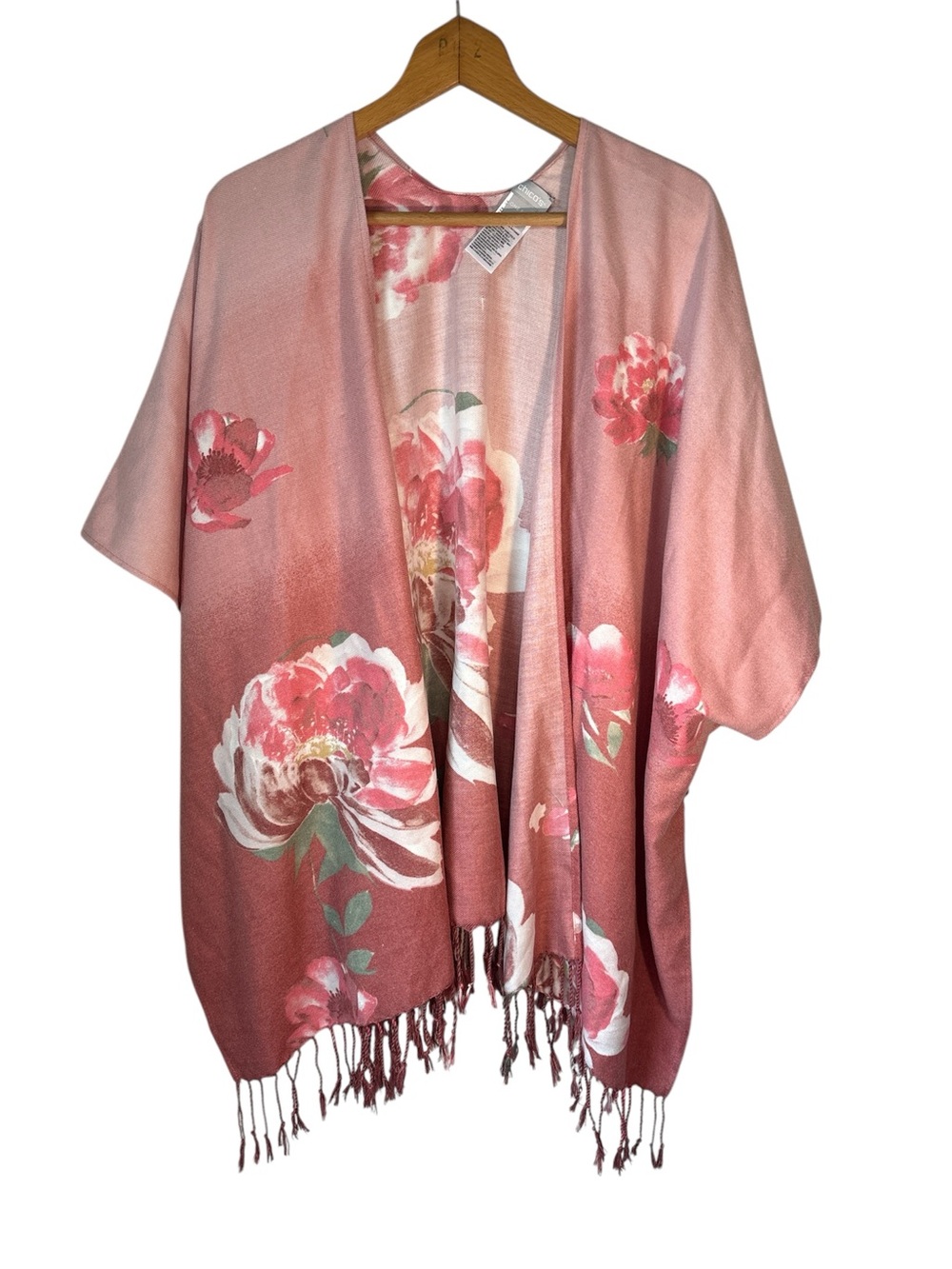 Chico’s Pink Floral Fringe Cape Poncho Kimono One Size Boho Cottage  Garden